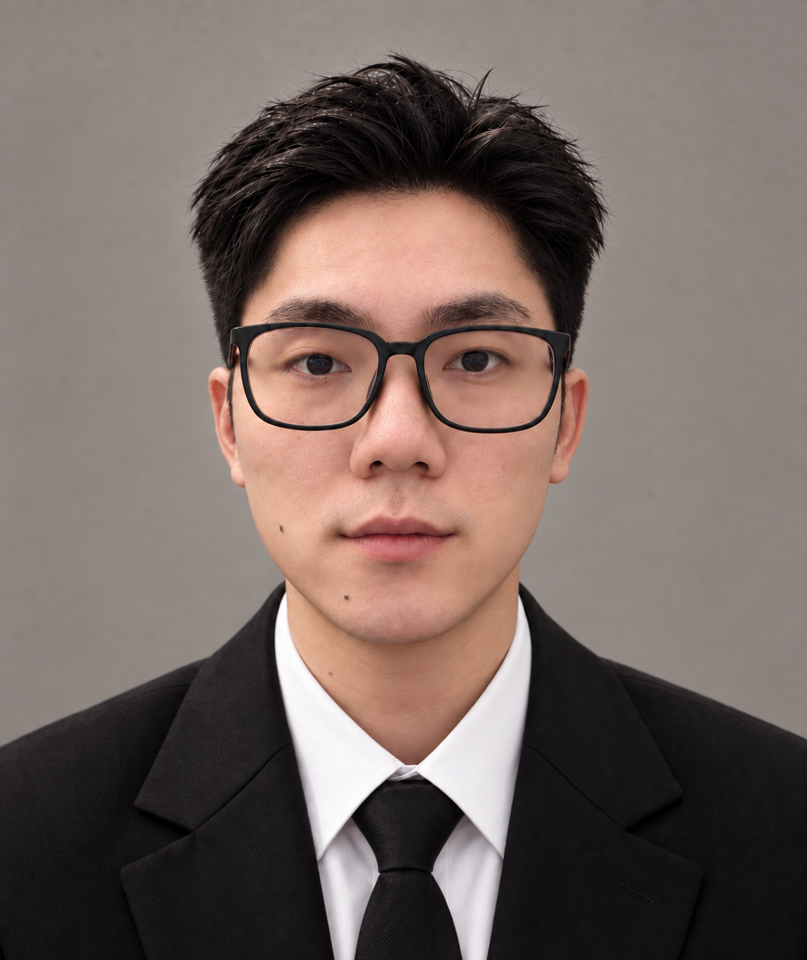 Hugh Vu wearing glasses, a black suit and tie